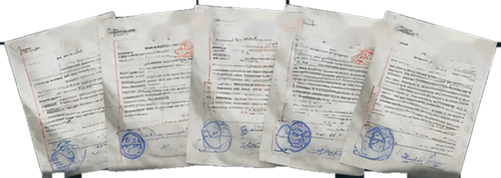 Пять бумажных документов с печатями, разложенные веером